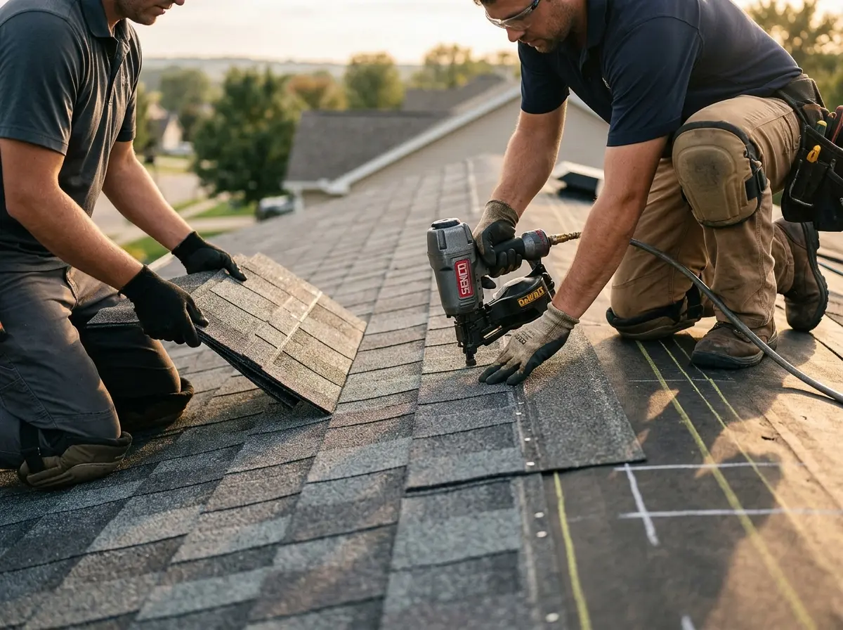 Professional roofer working on a residential roof in Waldoboro
